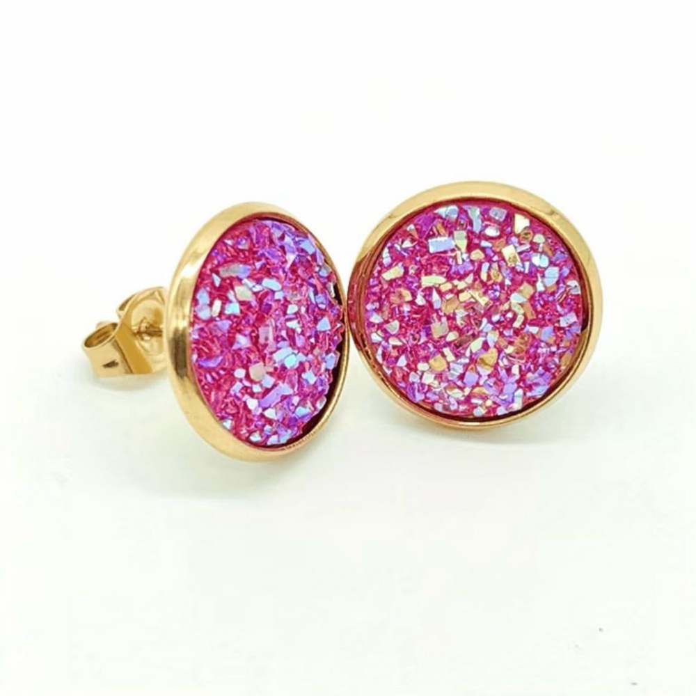 Sparkling Pink Druzy Stud Earrings Surrounded by 18K Gold